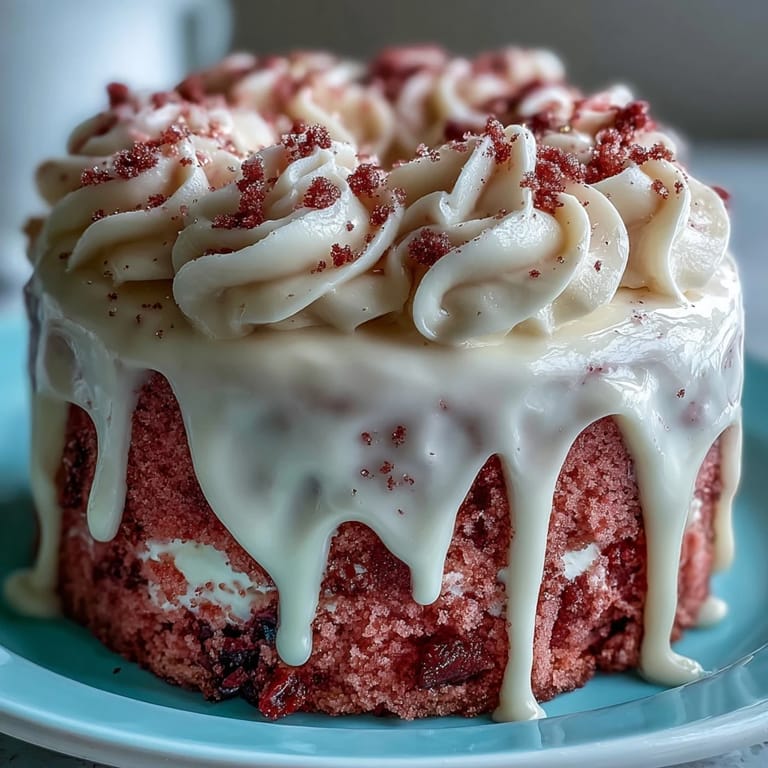Decadent pink velvet cake, infused rosé, topped with cream cheese frosting and gold.