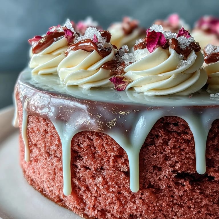 Decadent Rosé Velvet Cake with a stunning gold drip, a delightful dessert.