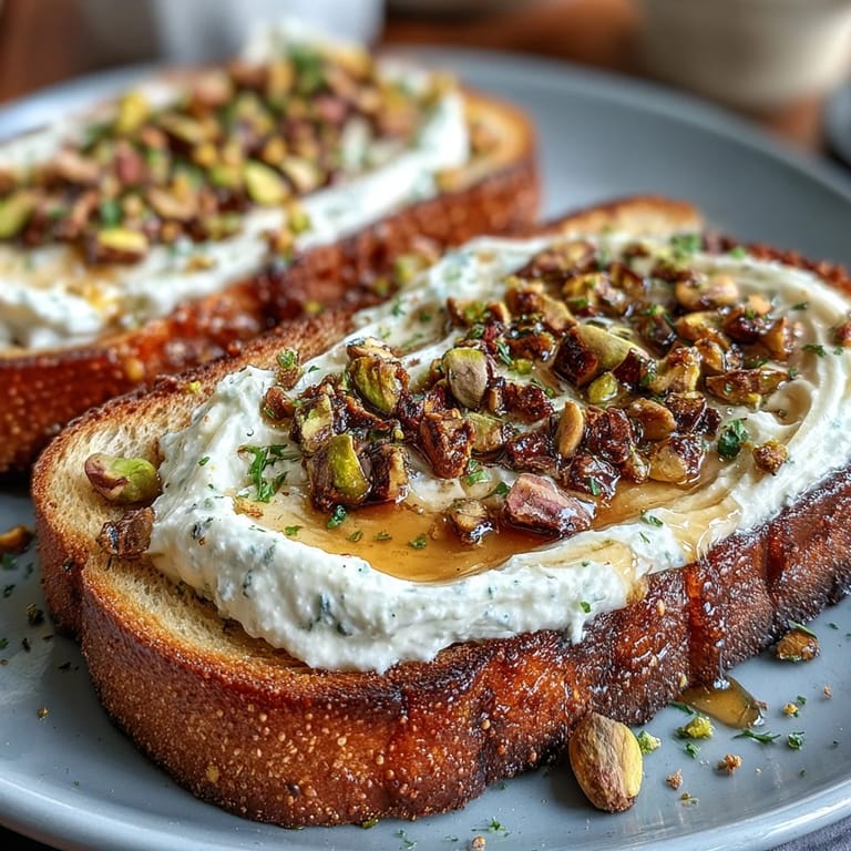 Elegant whipped ricotta toast with honey and pistachios, a delightful breakfast treat.
