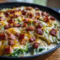Creamy Cabbage and Ham Skillet with tender cabbage and savory ham in a rich, velvety sauce.