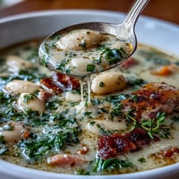 A steaming bowl of ham and cannellini bean soup, garnished with fresh parsley and rosemary for a comforting meal.