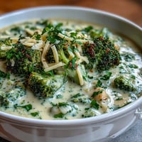 A bowl of creamy broccoli and cheddar bean soup, garnished with shredded cheese and broccoli florets.  
