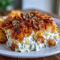 Creamy Jalapeño Cheddar Funeral Potatoes with a golden, crunchy cornflake topping in a 9x13-inch casserole dish.
