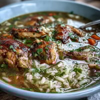A steaming bowl of One-Pot Healthy Chicken and Rice Soup filled with tender chicken, fresh vegetables, and fluffy rice in savory broth.
