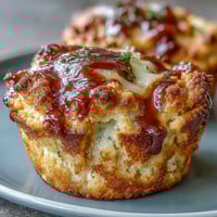 A batch of golden cornbread muffins swirled with smoky barbecue sauce and melted cheddar, perfect for BBQ gatherings or baby showers.  