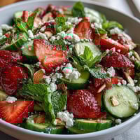 Spring Food Cucumber and Strawberry Salad with Mint: Crisp cucumber, juicy strawberries, and fresh mint tossed with baby greens in a light lemon-honey dressing.