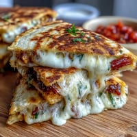 Mini quesadilla triangles with salsa, golden and crispy, served with a fresh tomato salsa for dipping.