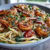 A vibrant one-pot garlic shrimp with angel hair pasta, bursting with fresh vegetables and zesty lemon flavor.