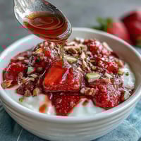 Fresh strawberry compote swirls over creamy Greek yogurt, topped with crunchy nuts and honey drizzle in this vibrant breakfast bowl.