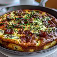 Hearty One-Pan Ham and Cheese Frittata with golden edges and melted cheddar, loaded with diced ham and fresh vegetables.