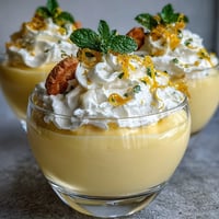 Bright lemon mousse cups topped with fresh berries and mint, served alongside buttery shortbread cookies for a refreshing dessert.  