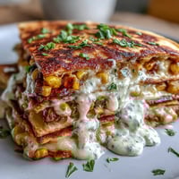 Crispy Cinco de Mayo Street Corn Quesadillas filled with roasted corn, cheese, and a smoky chipotle crema drizzle.