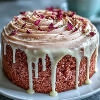 A stunning blush-pink velvet cake infused with rosé, layered with creamy frosting and crowned with an elegant gold drip.