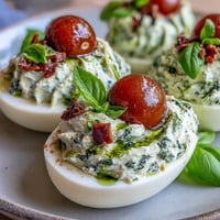 Caprese deviled eggs topped with vibrant basil oil, juicy tomatoes, and mozzarella.