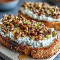 Whipped ricotta toast with honey and pistachios looks creamy, sweet, and crunchy.